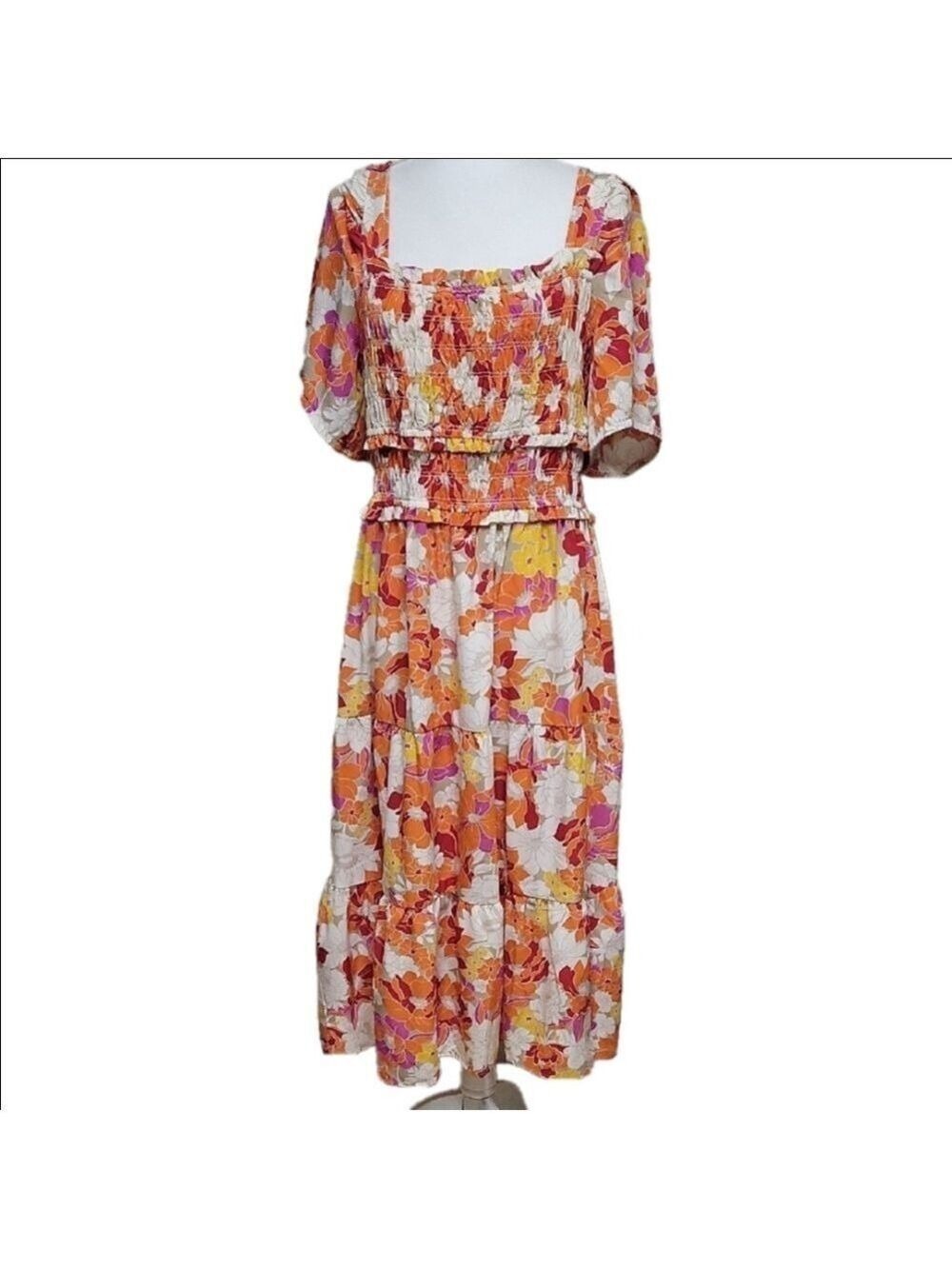 Orange Puff Sleeve Maxi Sundress for Wedding Guests XL Beach Summer Winetasting - Picture 2 of 9